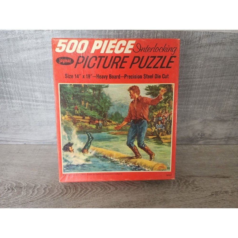 Vintage Jaymar Birling Logs Lumberjacks Painted By Henry Sutter Puzzle 500 Pcs